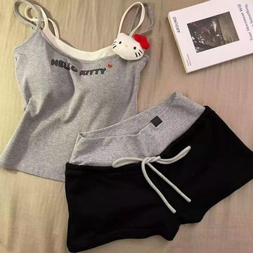 kitty貓假兩件吊帶睡衣女款夏季可外穿帶胸墊背心短褲家居服套裝吊帶套裝 夏季新款學生宿捨家居套裝 條紋吊帶睡衣