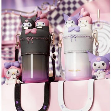 保溫瓶 正版三麗鷗系列 庫洛米&美樂蒂 304+316不鏽鋼可愛公仔雙飲吸管保溫杯 SC-3050