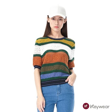 KeyWear奇威名品    復古拼接蕾絲網短袖針織上衣-綜合色