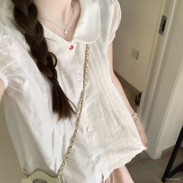 短袖娃娃領法式小清新新款白色甜美寬鬆設計上衣顯瘦夏季襯衫女裝美式上衣 韓系上衣 日系女裝 歐美上衣 設計感上衣 女生上衣