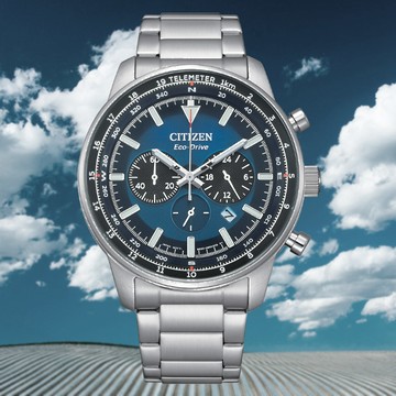 CITIZEN 星辰 Chronograph 光動能 碼錶計時三眼大錶徑腕錶-藍 CA4500-91L