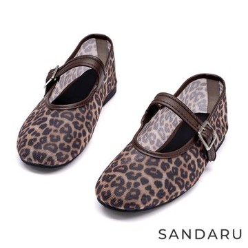 山打努SANDARU-瑪莉珍 法式透膚網紗平底芭蕾鞋-豹紋