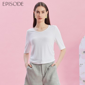 EPISODE - 舒適彈力棉圓領五分袖T恤E43605（白）