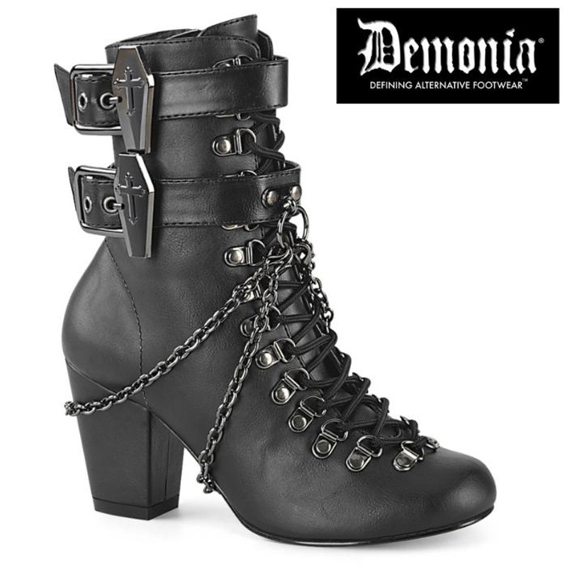 demonia デモニア ショートブーツ 7.5 cm ヒール 黒 ブラック 合皮 チェーン バックル ストラップ 編み上げ ジッパー 大きいサイズ 靴  レディース メンズ 即納 LINEショッピング