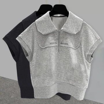 大方領半拉鏈無袖t恤男夏季韓版潮流拼接帥氣刺繡設計感外穿背心