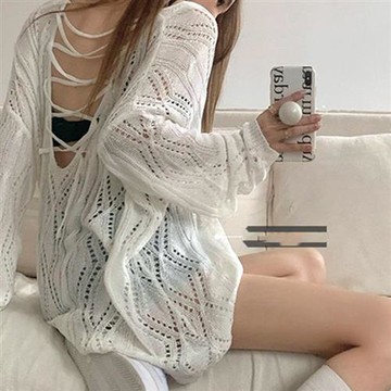 【米蘭精品】現貨+預購 法式長袖針織衫法式長袖針織衫上衣毛衣寬鬆大碼百搭女裝慵懶鏤空夏日露背2色74mx20