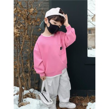 男童加絨衛衣秋冬裝新款兒童春裝男寶寶薄絨痞帥粉色時髦長袖上衣