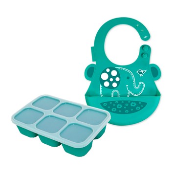 MARCUS＆MARCUS - 萌寶快樂用餐組(造型圍兜+分裝盒)-綠大象