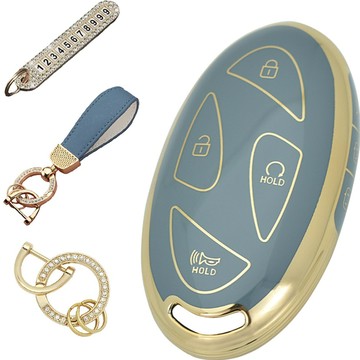 AB 汽車鑰匙套 + 鋯石O型環 + 號碼鑰匙圈 + 皮革掛繩套裝  天空灰  AH-11