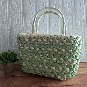 綠白雙色手工編織花結托特包　外出　新年會