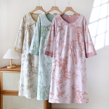 精梳棉紗薄款七分袖女睡裙國風家居服 60支雙面提花純棉睡裙 休閒古風睡裙