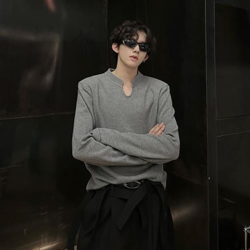 2024秋冬極簡休閑華夫格小V領墊肩t恤男長袖重磅立領針織打底上衣