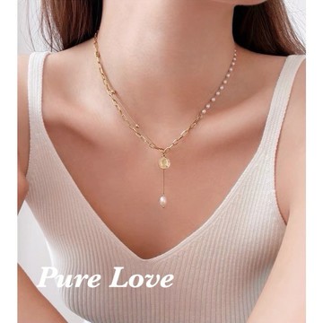 Pure Love樂芙 /正韓 鈦鋼【316L醫療鋼】G01167圓形金幣淡水珍珠流蘇不對稱拼接項鏈 /  金
