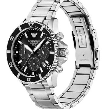 EMPORIO ARMANI 亞曼尼 Diver 都會時尚黑面潛水錶-銀色不鏽鋼-男錶-贈高檔6入收藏盒(AR11739)43mm