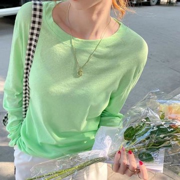 冰絲針織長袖t恤女春秋新款韓版薄款百搭寬松圓領套頭內搭打底衫