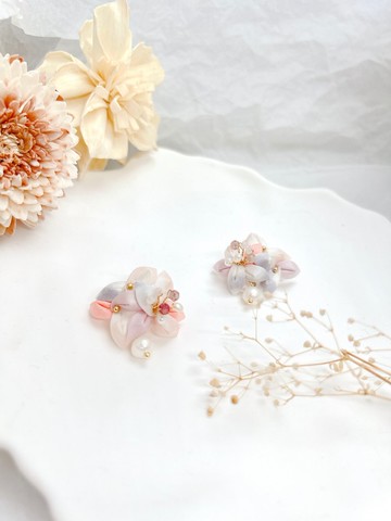 【真絲布花】草莓晶珍珠真絲細工布花 耳針耳夾耳環