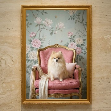狗狗 (博美犬) 洛可可風 鄉村風粉紅藝術 A3 裱框居家裝飾壁掛