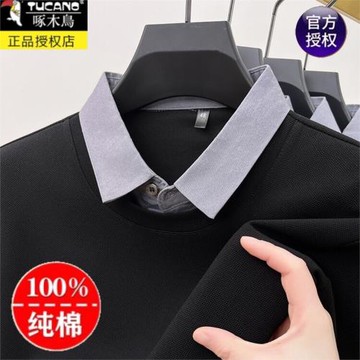 啄木鳥男士純棉假兩件長袖T恤襯衫領上衣春秋新款寬松POLO打底衫