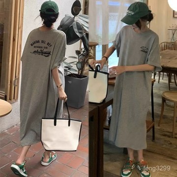 Taiwan出貨夏季新款2025短袖女夏長裙顯瘦寬鬆長款過膝可外穿家居服連衣裙 6JCI