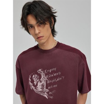 SILENTEX 520限定情侶愛心印花漸變噴漆短袖酒紅色純棉趣味T恤男