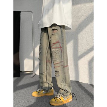 美式高街水洗做舊破洞漸變牛仔褲男ins潮牌直筒復古寬松休閑褲子