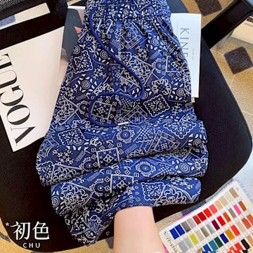 初色 復古風圖騰印花抽繩鬆緊腰寬鬆闊腿休閒褲寬褲長褲-藍色-12350(M-2XL可選)