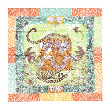 Hermes 愛馬仕 Jungle Love stamped 70 cm手工捲邊斜紋真絲方巾(綠/橙/棕)_廠商直送