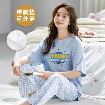 短袖長褲睡衣女夏季帶胸墊一體薄款韓版套裝純棉可外穿藍色家居服