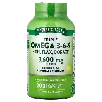 Nature's Truth, 維生素，三重 Omega 3-6-9，魚類，亞麻，玻璃苣，3600 毫克，200 粒速釋軟膠囊（每粒軟膠囊 1200 毫克）