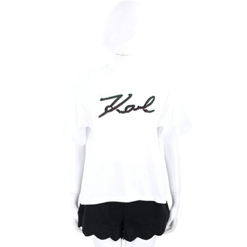 KARL LAGERFELD K/SIGNATURE 老佛爺 卡爾簽名植絨拼貼純棉白色TEE T恤