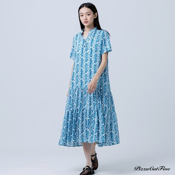 [兩件1580涼感洋裝]波紋幾何立領短袖連身洋裝 PizzaCutFive PCF252485109