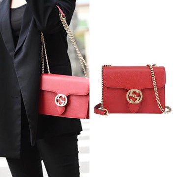 GUCCI 510304 經典雙G金屬釦壓紋肩斜鏈帶包.紅