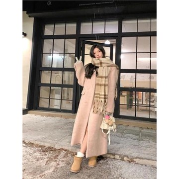 粉色韓系呢子大衣女2024年冬季新款正肩毛呢外套高級感高個子加長