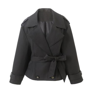 SW長袖簡約萊賽爾棉斜紋收腰系帶廓形短款風衣雙排扣外套女秋季