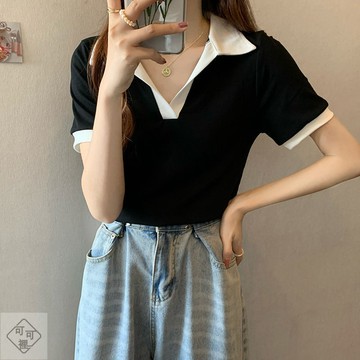 可可裡💎300斤大碼胖mm正肩v領顯瘦上衣夏季別緻設計感POLO衫翻領短袖T恤