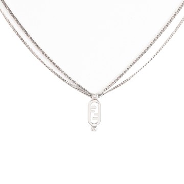 FENDI 8AK330 O'Lock FF LOGO橢圓鏤空吊墜鎖骨項鍊.銀