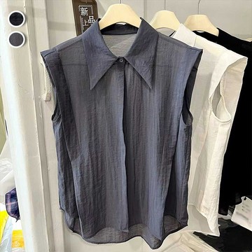 【韓國K.W.】KN3427韓國空運半透修飾涼爽輕法式無袖襯衫(薄衫/雪紡/小香風/涼感)