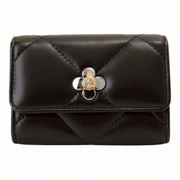 TORY BURCH KIRA 三葉草絎縫紋皮革翻蓋卡夾(黑色)