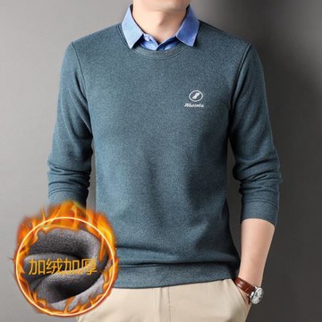 冬季襯衫領假兩件套男士加絨加厚打底針織衫中年寬松男裝保暖毛衣