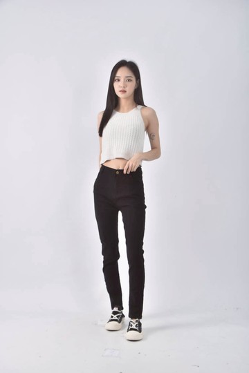 (S) jeans高腰緊身黑色長褲
