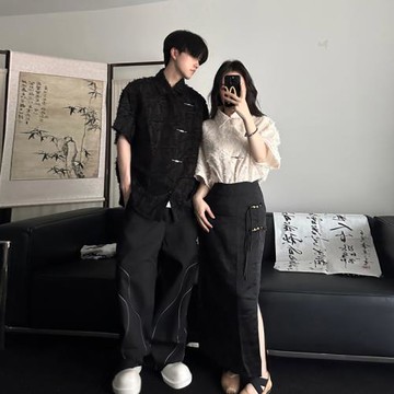 國風大碼男式毛邊襯衫改良漢服書法雪紡少女裙套裝新中式情侶班服