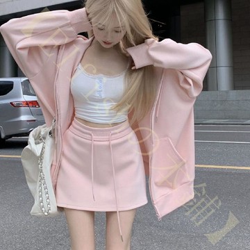 【韓系炸街套裝】BM水粉蜜桃色 純色開衫衛衣 休閒外套 秋季女裝 網紅同款 韓系套裝 休閒套裝女 外套女韓版 冬季上衣