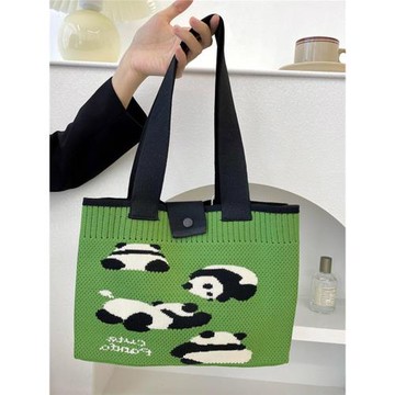 黑白熊貓針織單肩手提包手拎包學生大容量通勤包女包韓版小眾設計