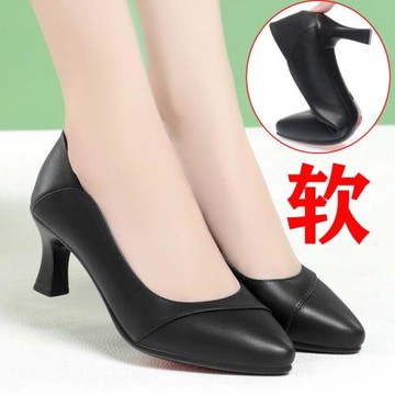 學生禮儀高跟鞋2022春秋細跟尖頭舒適中跟黑色上班職業工作單鞋女