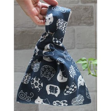 原創和風招財貓套結手腕袋復古棉麻布袋包手提挽袋女包有內膽