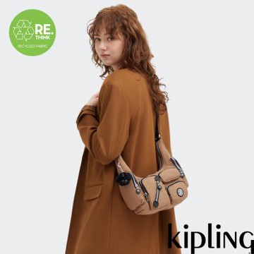 Kipling 淺棕色多拉鍊收納斜肩兩用包-ETSU