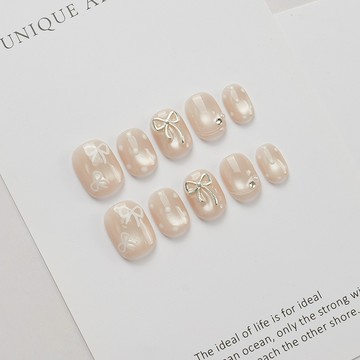 𝕌ℕ𝕀𝕂𝕆𝕆【春夏淺意系列】裸色貓眼蝴蝶結 日常短甲顯白  甜美穿戴式  美甲指甲貼