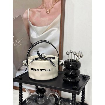 中古高檔水果盤客廳茶幾家用新款精致零食干果陶瓷提手果籃裝飾品