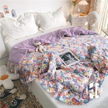 紫色田園風碎花韓式花邊單雙人夏涼被夏季薄被子空調被水洗棉【聚物優品】