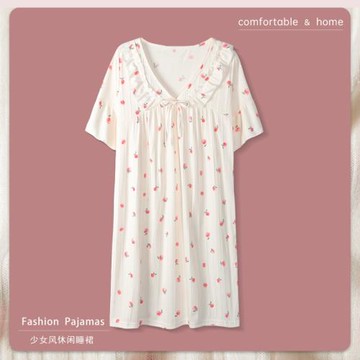 夏季中長款純棉短袖睡裙女2022年新款夏天甜美休閑睡衣薄款家居服